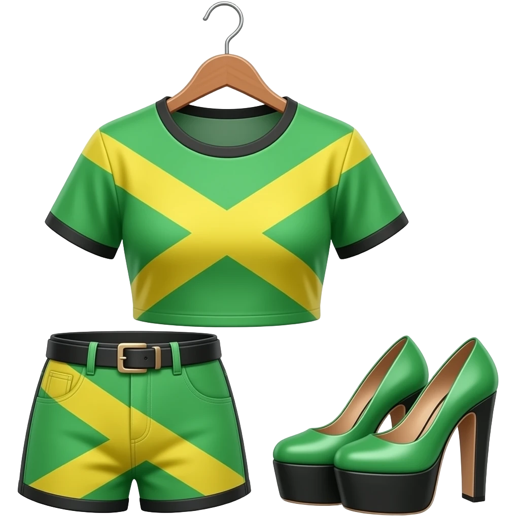 jamaican costume on hanger, bright green yellow black, crop top shorts platform heels, no model, white background, sticker style emoji