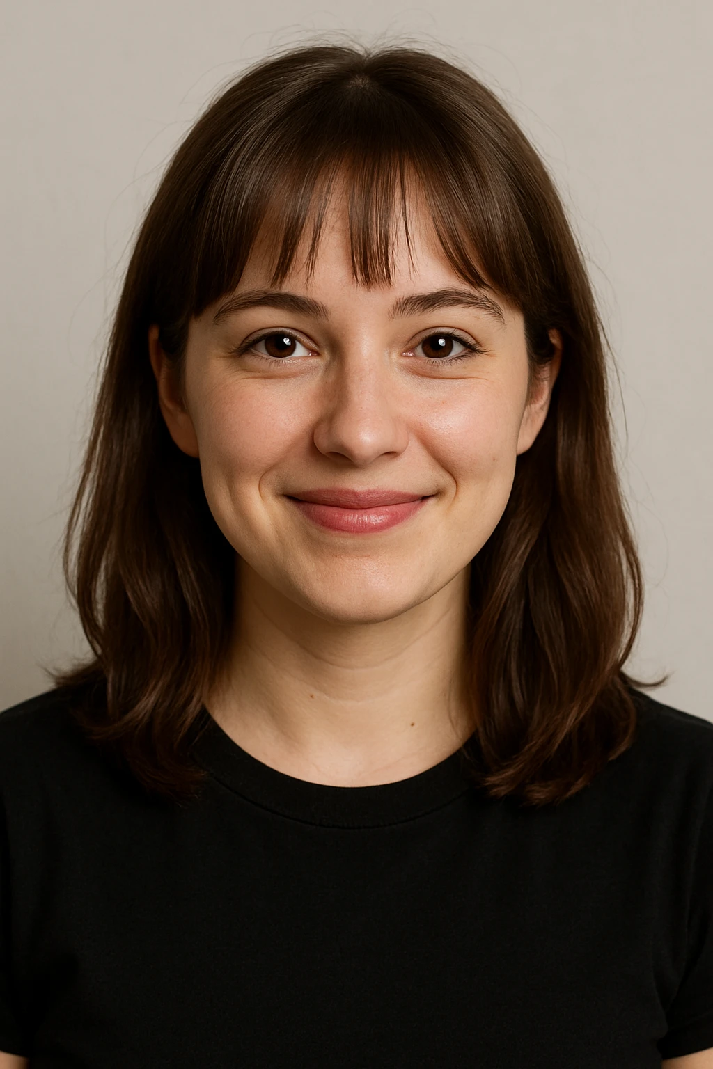 person with brown hair and bangs, brown eyes, black shirt, simple background, friendly expression emoji