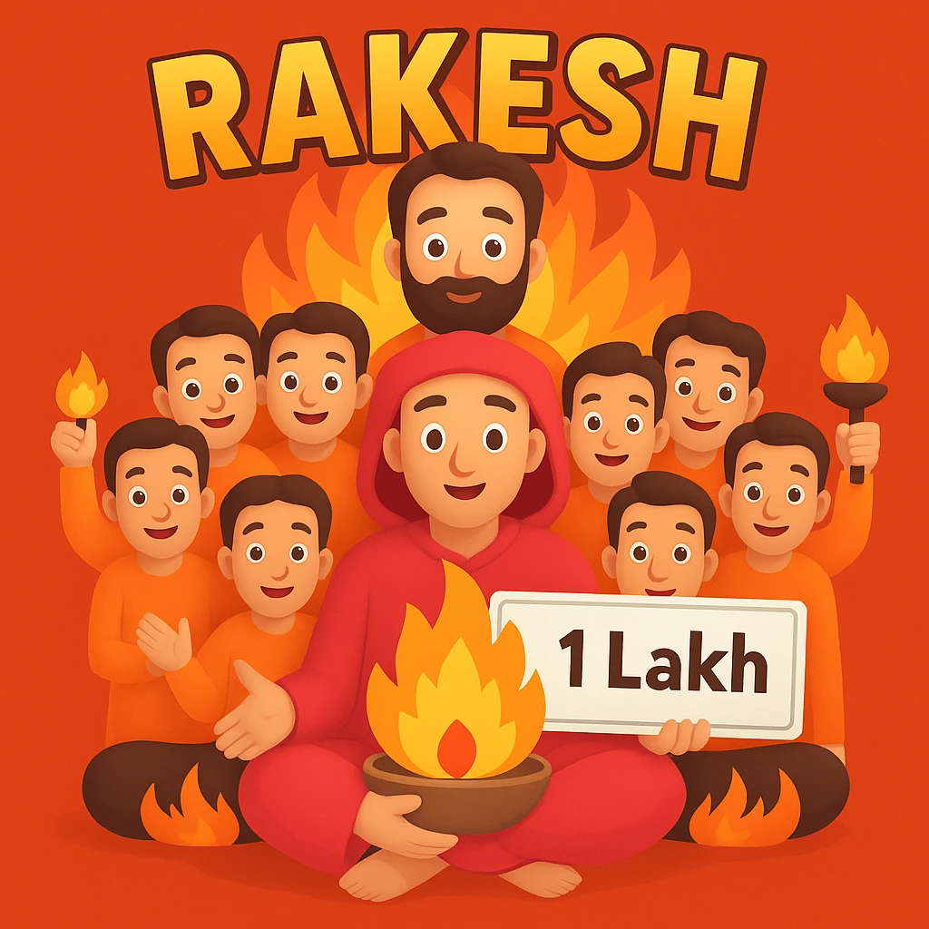Add the name 'Rakesh' above the divine leader and a visible 1 lakh check in his hand, keeping the fire and team of devotees below. Make the name and check stand out clearly. emoji