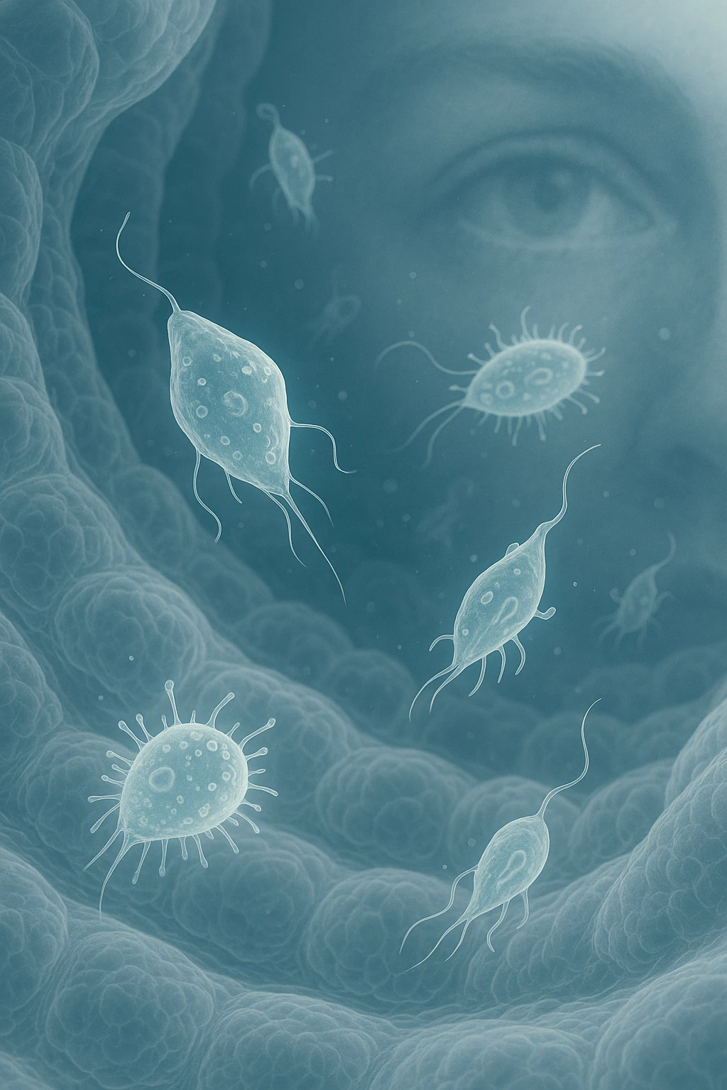 A detailed macro-style image of a translucent human intestinal wall under extreme magnification. Floating nearby are multiple protozoa — small, semi-transparent, shapeshifting organisms with flagella or cilia, glowing faintly under the microscope. In contrast, a faded overlay silhouette of a human eye is shown in the background, symbolizing how these organisms are invisible to unaided vision. The scene is softly lit with cool bluish tones, evoking a clinical and microscopic atmosphere. Focus is hyper-sharp on the protozoa, with blurred organic tissue textures in the background. Educational yet haunting, it shows how much remains unseen inside the body emoji