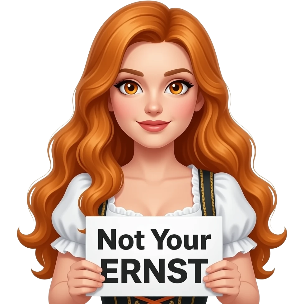sexy girl with overlong ginger hair and ginger eyes wearing a dirndl holding Not your ERNST sign emoji