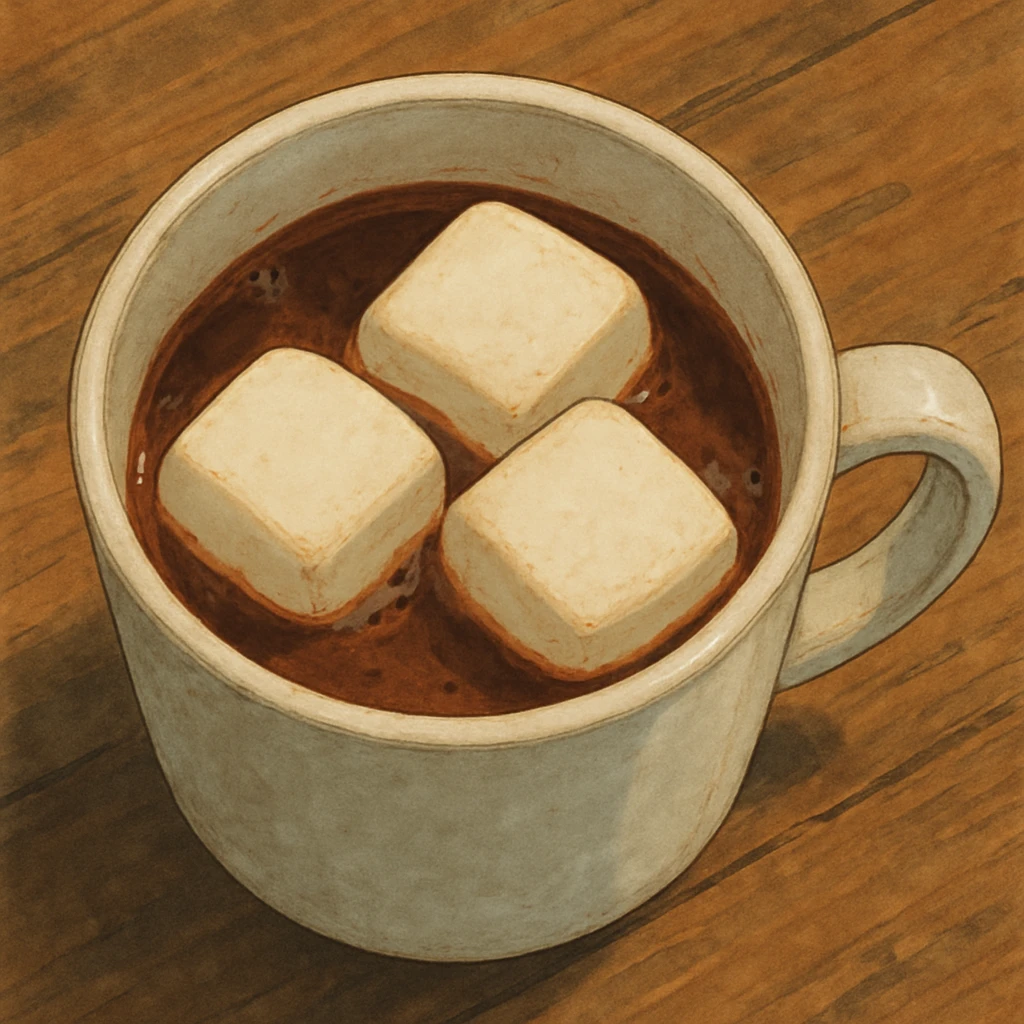 birds eye view of realistic hot chocolate white mug with three big marshmallows in it emoji