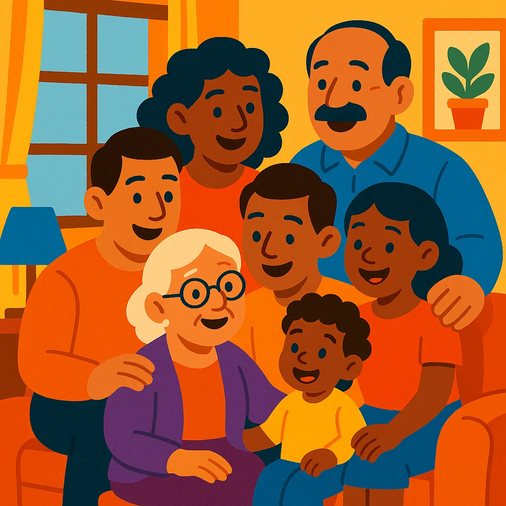 warm illustration of a family theme, diverse age family members together, bright and cozy atmosphere emoji
