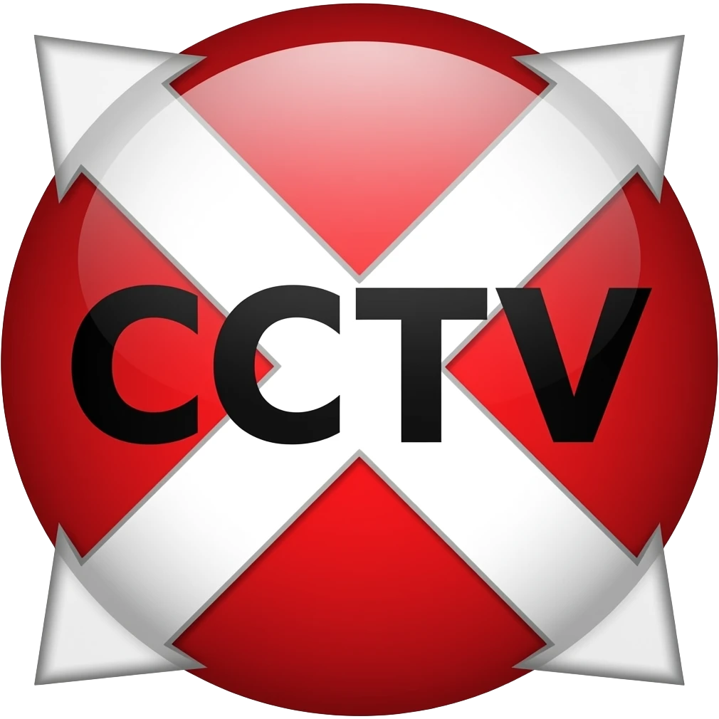 Red filled circle with white X and arrow on all end points on the X white circle in the middle. Big bold CCTV word in the centre in black emoji