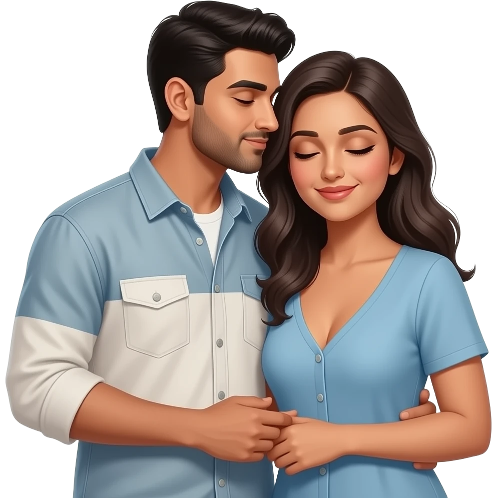 Husband kissing wife lovingly Indian couple modern casual dress. Husband hand on wife chest. Lady low neck, husband no beard no moustache emoji