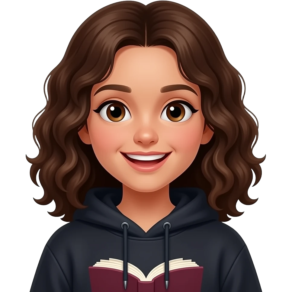 light brown skin 13 yo girl with dark brown loose curls medium length hair who is grinning and wearing a vampire/book themed sweatshirt emoji