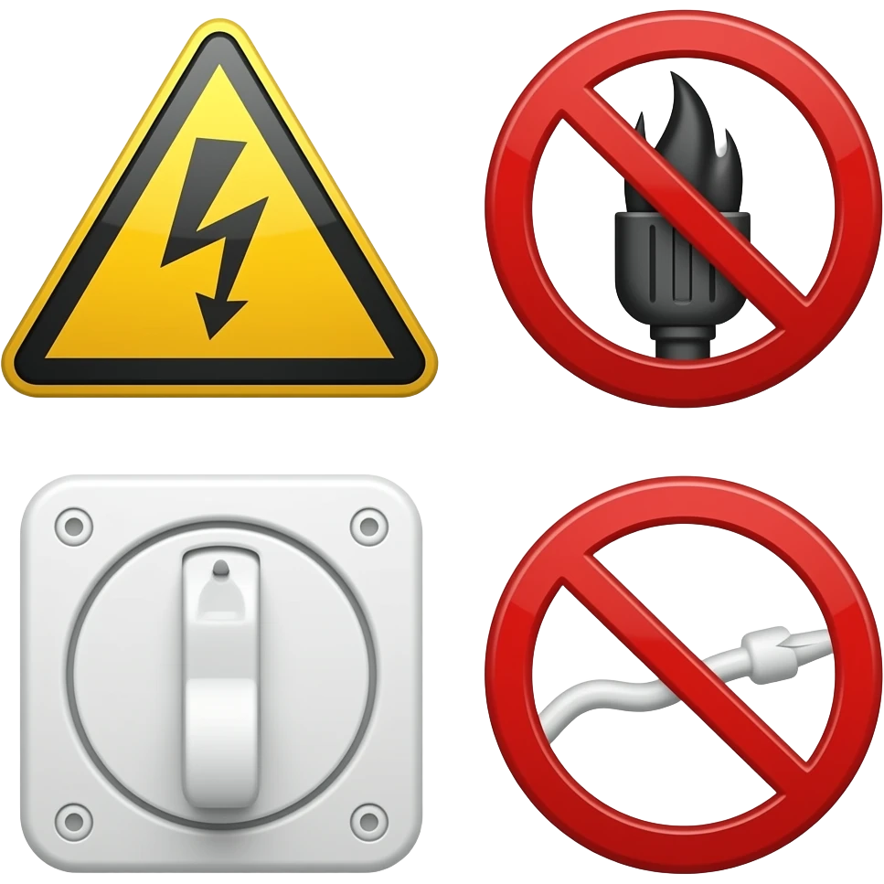 Electric hazard safety emojis for construction site: - Electric shock - Fire hazard - Do not overload - Switch off after use - Damaged cable - Authorized only  Style: flat, bold, yellow black safety color  Professional safety icon style, no cartoon, no cute style emoji
