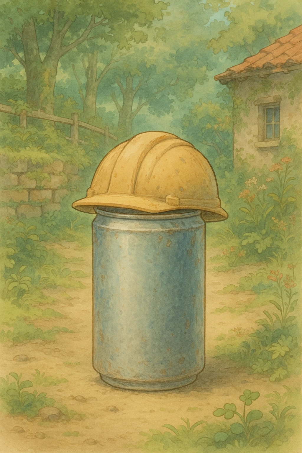 a can with a construction hat, ghibli style emoji