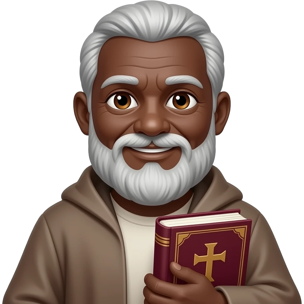 wise old man with grey hair robe slight smile brown eyes white beard dark brown skin with burgundy book that has a cross on it emoji