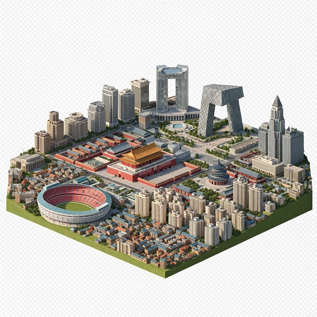 Isometric miniature of Beijing Forbidden City, Tiananmen Square, CCTV Headquarters, Temple of Heaven, Beijing National Stadium and crowded hutong alleys, sprawling apartment blocks, 3D miniature effect and Tilt Shift effect, no cartoonish look, transparent background. emoji