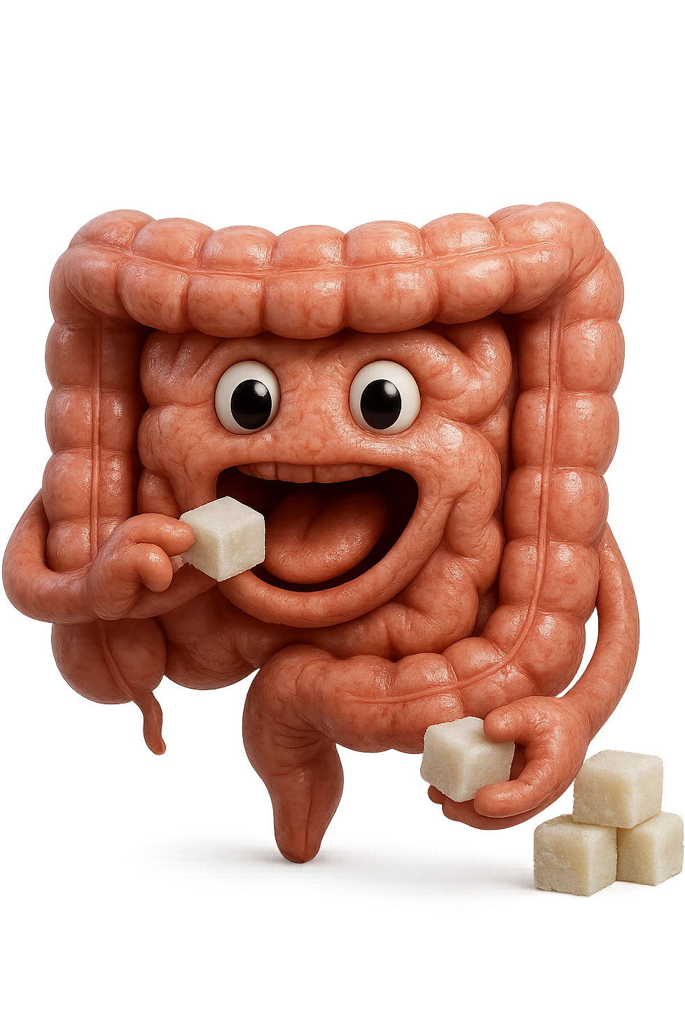 emoji stile iphone di un intestino anatomico che mangia zollette di zucchero, iperrealistico 4k, isolato su sfondo bianco emoji