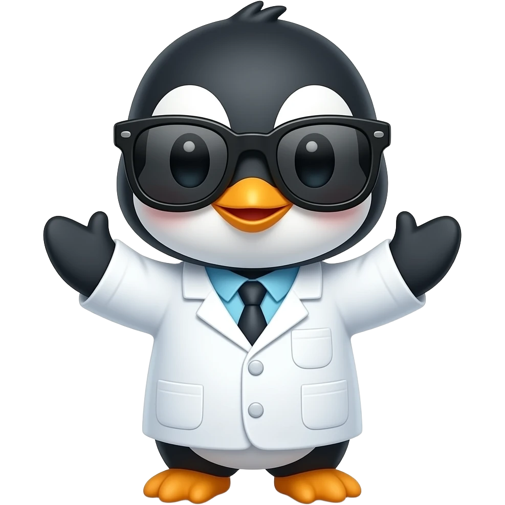 Cute chibi penguin wearing a white lab coat with swaggy shades on, being playful emoji
