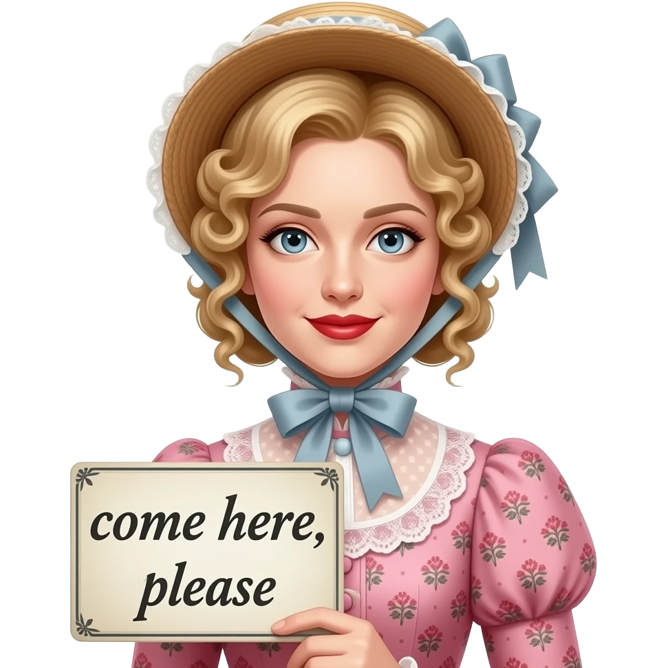 short blonde with spiral curly hair side swept bob pinned in a French twist  with a vintage sign saying come here, please in an 1800 pink floral outfit  and victorian hat in red lipstick emoji