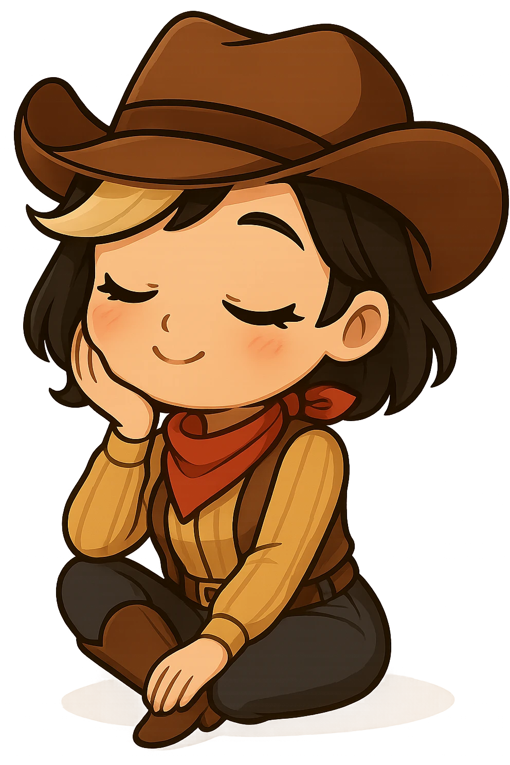 Sexy chibi cowgirl with short hair and a blonde streak, wearing a cowboy hat and western outfit, no guns. Pose: sitting with legs to the side, hand on cheek, dreamy expression, chibi/anime style, sized for Twitch or Discord use, transparent background. emoji