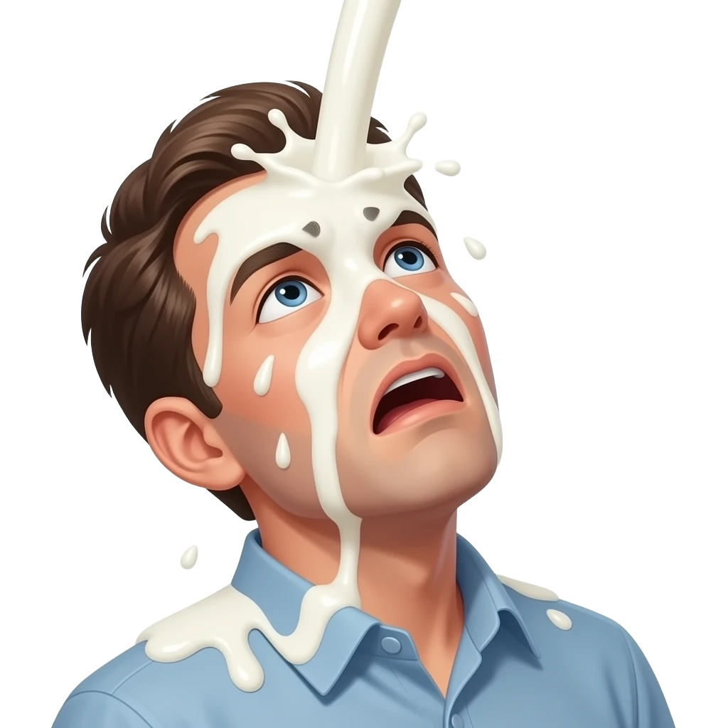 a terrified man looking up at the sky as milk pours over his face via milk rain, thick milk emoji