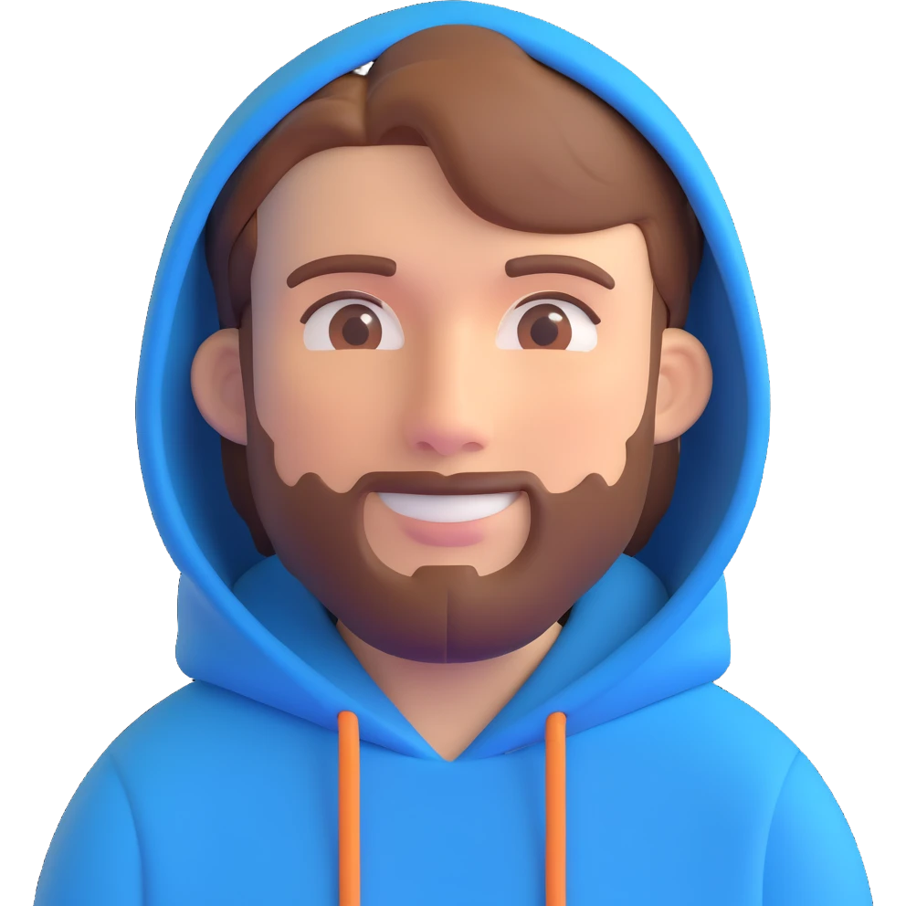3D emoji of MrBeast, blue hoodie, short brown hair, beard, friendly face emoji
