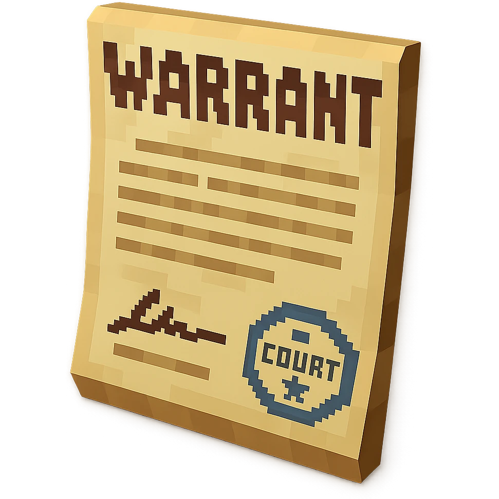 Create a realistic 3D icon of a court document (arrest warrant) with large letters at the top saying 'WARRANT', body text, a signature and official stamp at the bottom. The icon should be more 3D and icon-like, brightly lit, isolated, with a transparent background. Exclude any gavel or handcuffs. emoji