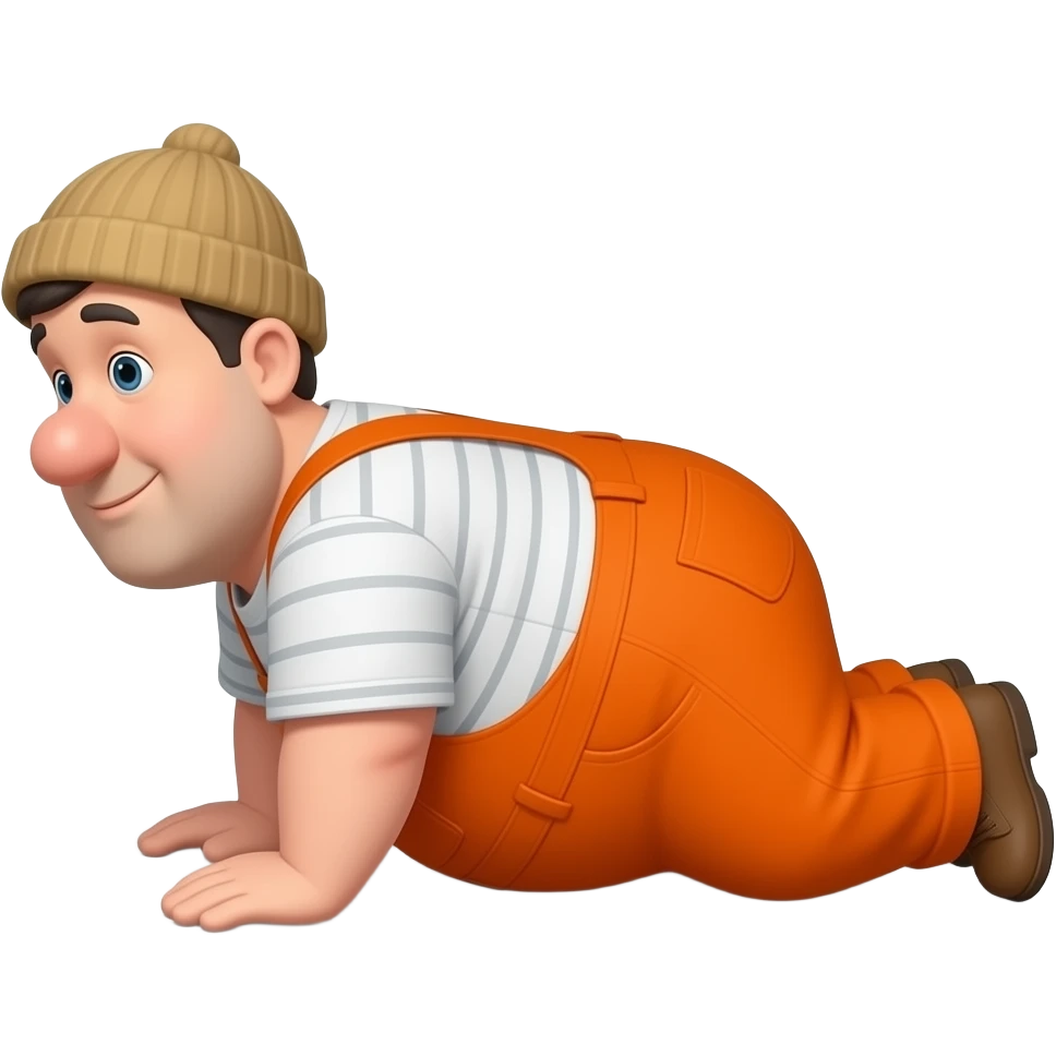 fat MAN, no hat, IN ORANGE HIVIS OVERALLS, not happy, laying face down on floor, side view emoji