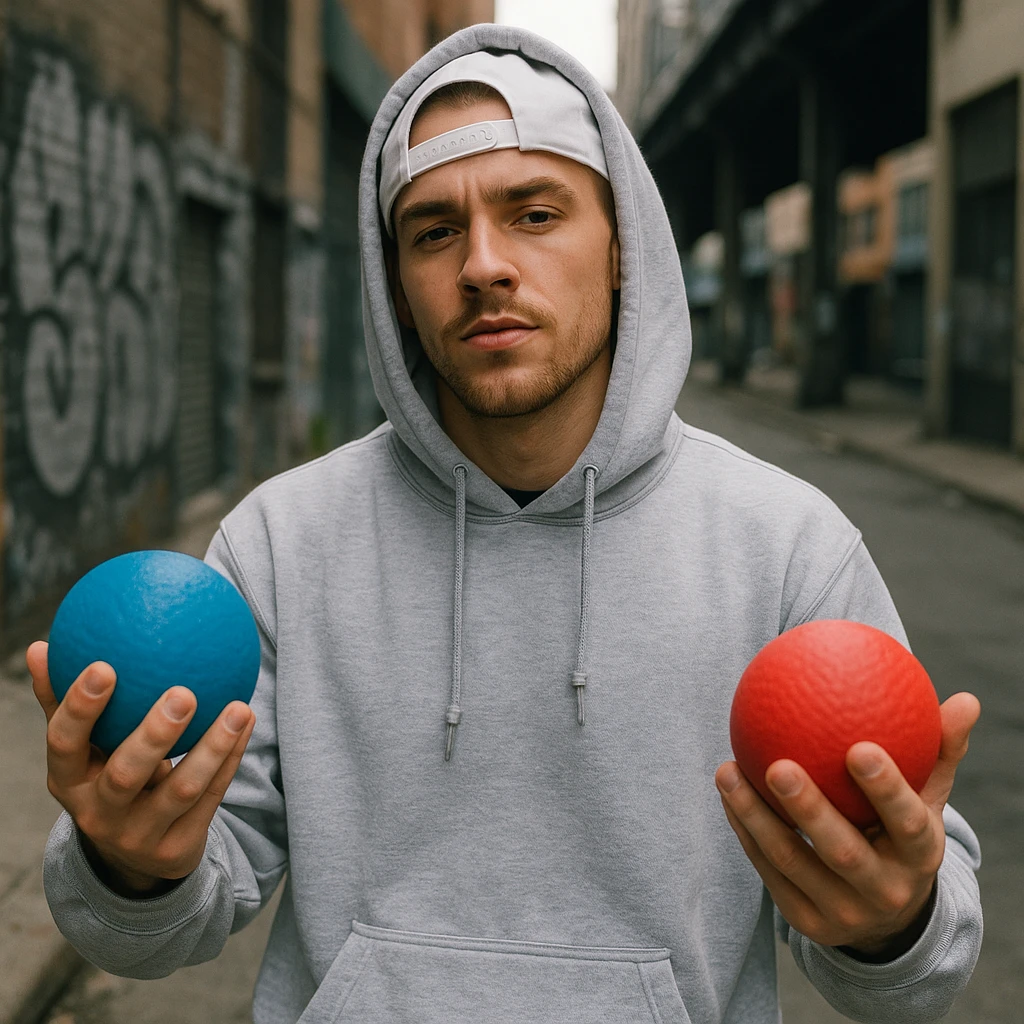 A white rapper wearing a hoodie, holding a blue ball and a red ball in opposite hands, street style, confident expression emoji