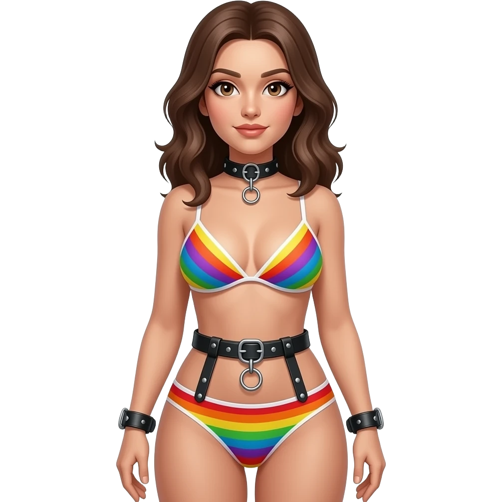 A full body image of A women standing wearing bru and underwear and there color 🏳️‍🌈 and add chastity belts emoji