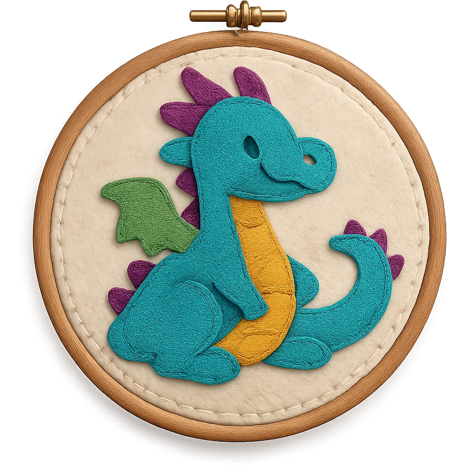 an embroidery frame with a playful dragon embroidered, vibrant and magical emoji