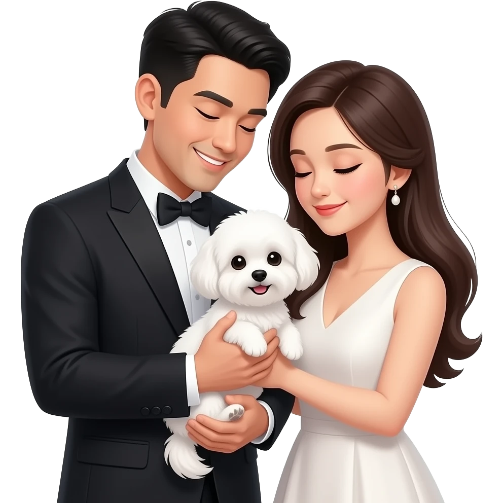 An emoji of a smiling Asian couple elegantly dressed, cradling a small white Maltese in their arms; both are slightly tilting their heads toward the puppy in a heartwarming pose. emoji