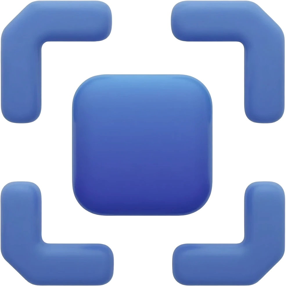 A central solid node or square, wrapped by two mirrored angle-bracket shapes, with 2–3 small orbiting dots/tiles converging into the center. colors - 925AFF for base and B4FFA5 for figures emoji