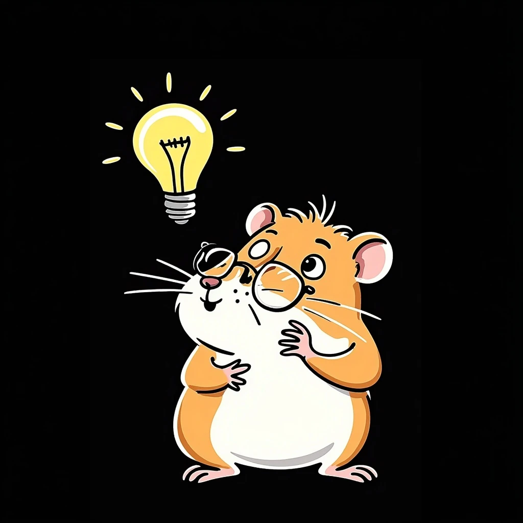unique, colorful, mature, modern, highly realistic hamster with cool glasses, thinking about an idea with a lightbulb above its head, hand-drawn look, solid black background emoji
