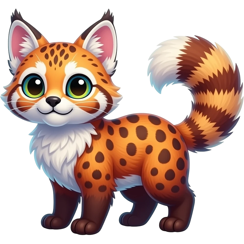 Colorful tropical exotic cute cool beautiful shiny beautiful fantasy-caracal-civet-genet-Gryphon-Cacomistle-Trico-Red-Panda-oncilla-animal-Fakémon-hybrid-fursona (full body) emoji