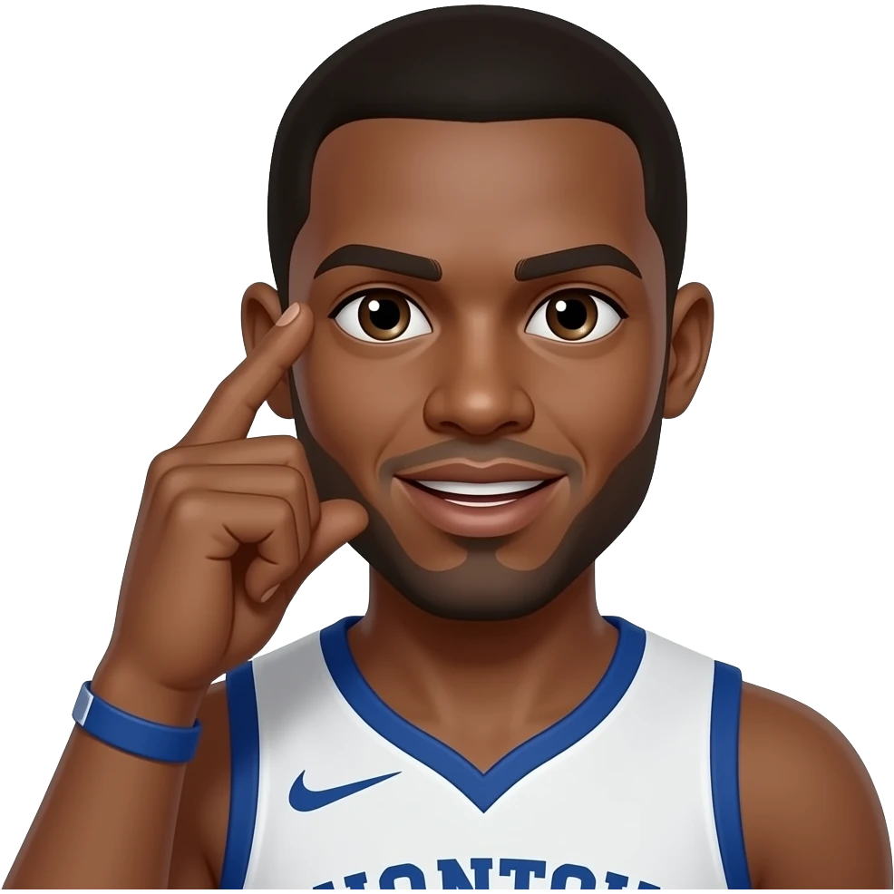 Make the mans skin light brown and a basketball player with his first and second fingers held up to his right ear and his thumb held on his lips like a phone emoji