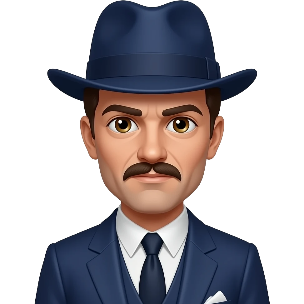 Clyde Barrow from Bonnie & Clyde with hazel eyes, dark brown 1930s hair, navy blue metallic suit , navy blue fedora hat emoji