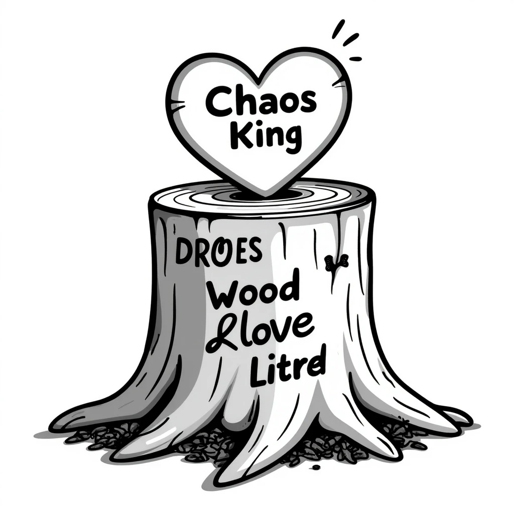 stylized heart carved into a tree stump, with 'Chaos King' and 'Chaos Queen' etched in a dramatic, energetic style, wood shavings around, hand drawn doodle style emoji