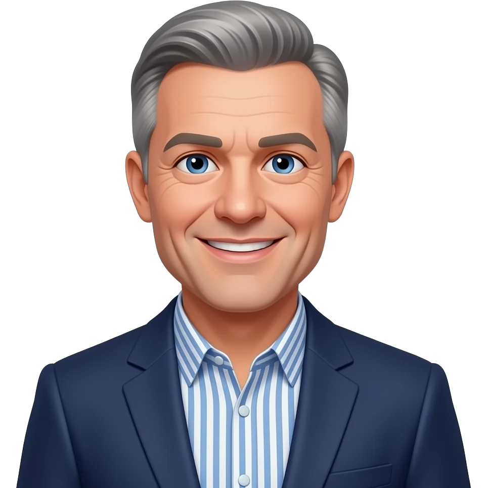 DJR - man, friendly smile, mid 70's, blue eyes, slim face, blue and white vertical striped button up shirt, high forehead, thin short grey hair, dark blue blazer emoji