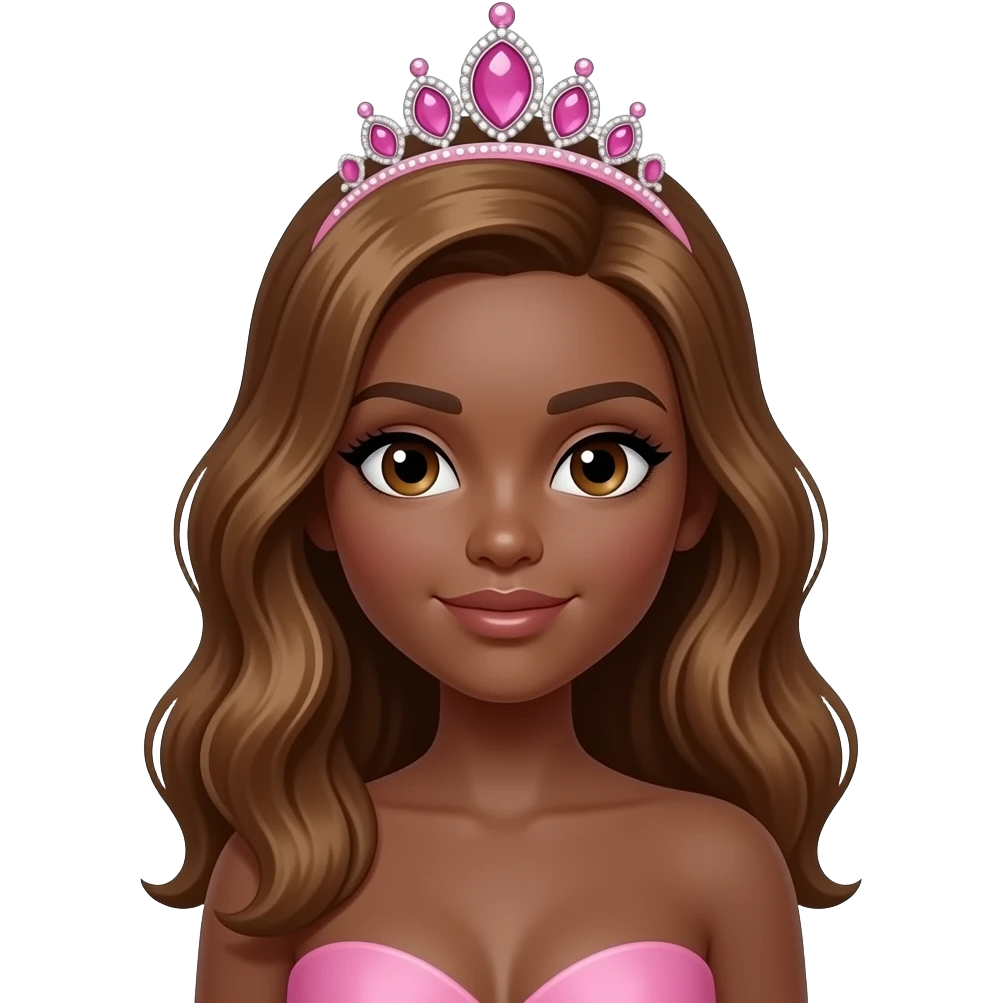 with pink tiara, Dark brown eyebrows,Dark brown skin, Doll shaped face, doll eyes, wavy with side part longer straightened honey brown hair, big breast no bra emoji
