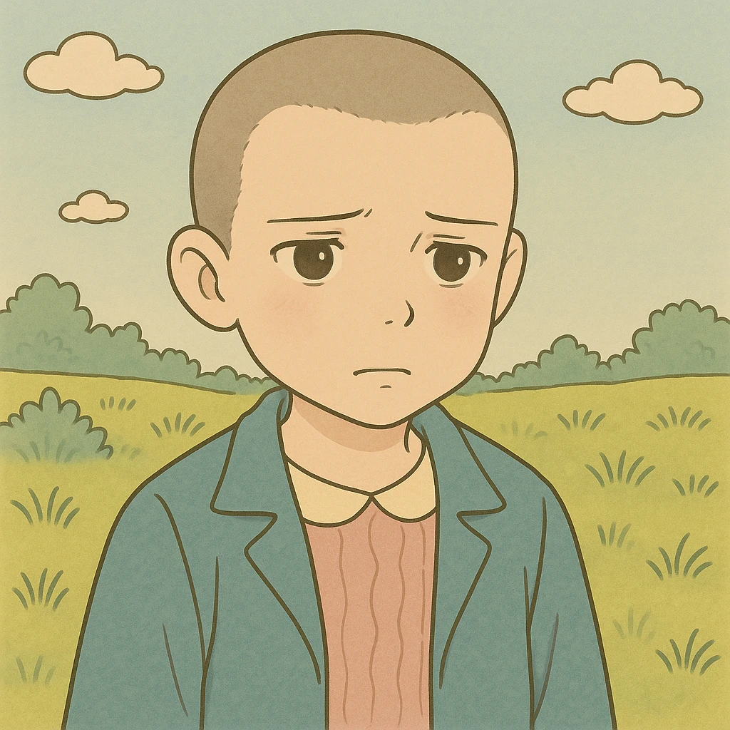 Variation of Eleven with shaved hair, serious expression, simple and delicate line art as in the reference drawing, colored in pastel tones, thick and dark contours, Ghibli style, 1:1 format, expression sad. emoji