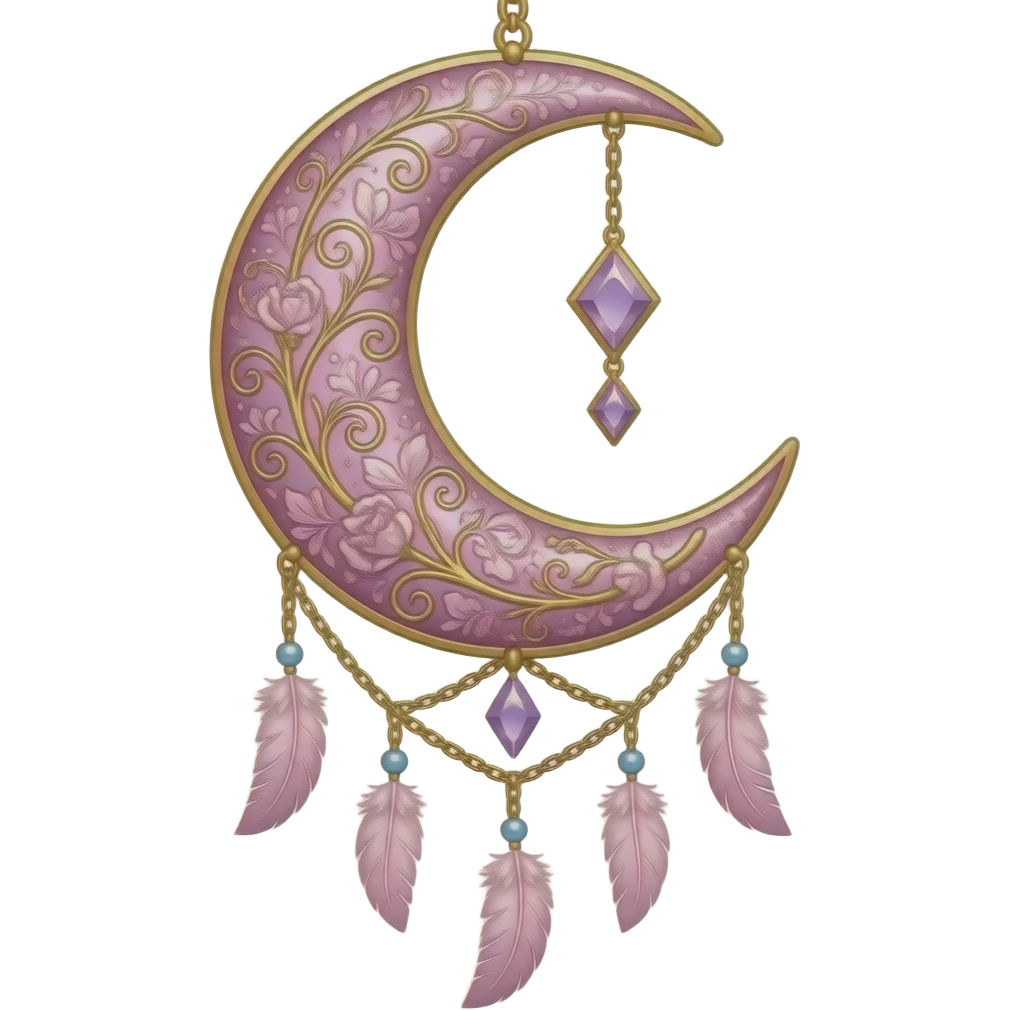 Rosy shiny glossy sparkly romantic pastel crescent damask moon with rose quartz pastel vines pastel gems pastel beads with feathers and chains suncatcher-dreamcatcher emoji