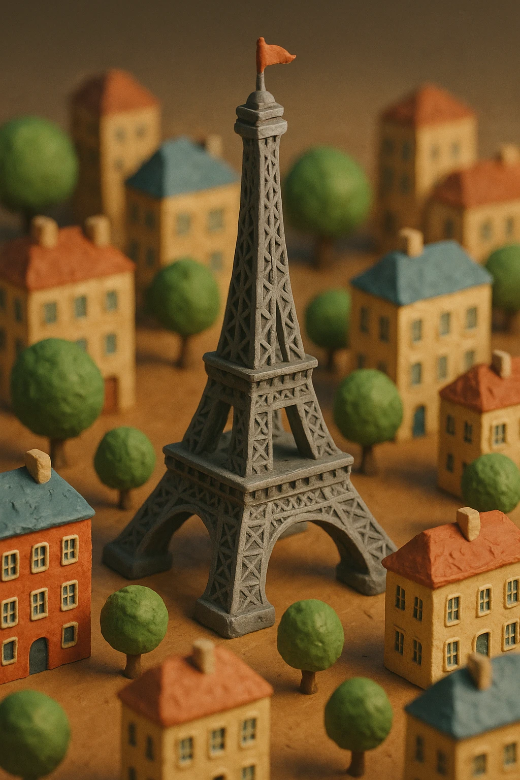 Isometric illustration of Paris, featuring the photorealistic Eiffel Tower surrounded by small Parisian buildings and trees, highly detailed in semi-realistic style emoji