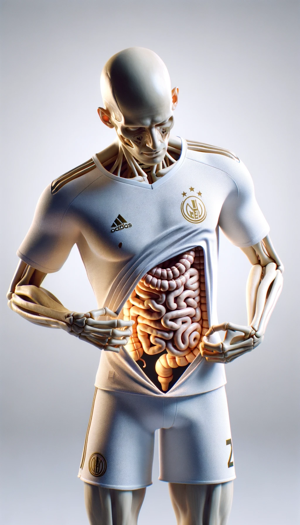 CORPO UMANO ANATOMICO CON INTESTINO UMANO ANATOMICO IN EVIDENZA CHE INDOSSA UNA MAGLIA SINTETICA, SI AFFERRA LA MAGLIA PER OSSERVARLA MEGLIO CON ESPRESSIONE DUBBIOSA IN VOLTO, SFONDO CHIARO NEUTRO, iperrealistico 4k emoji