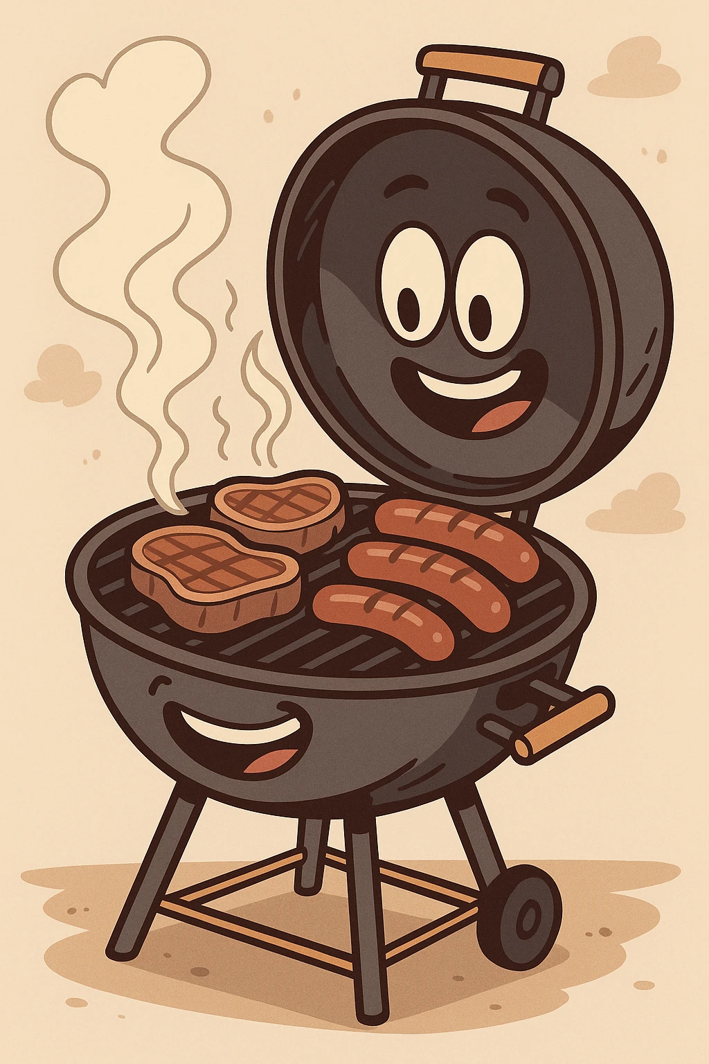 a barbecue grill with steaks and sausages, sizzling, cartoon style emoji