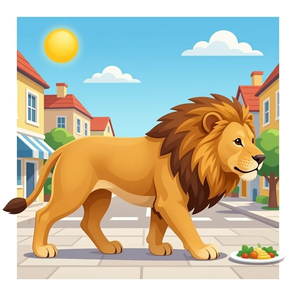 hazme un perro y un leon caminando por un puebloque estan comiendo emoji