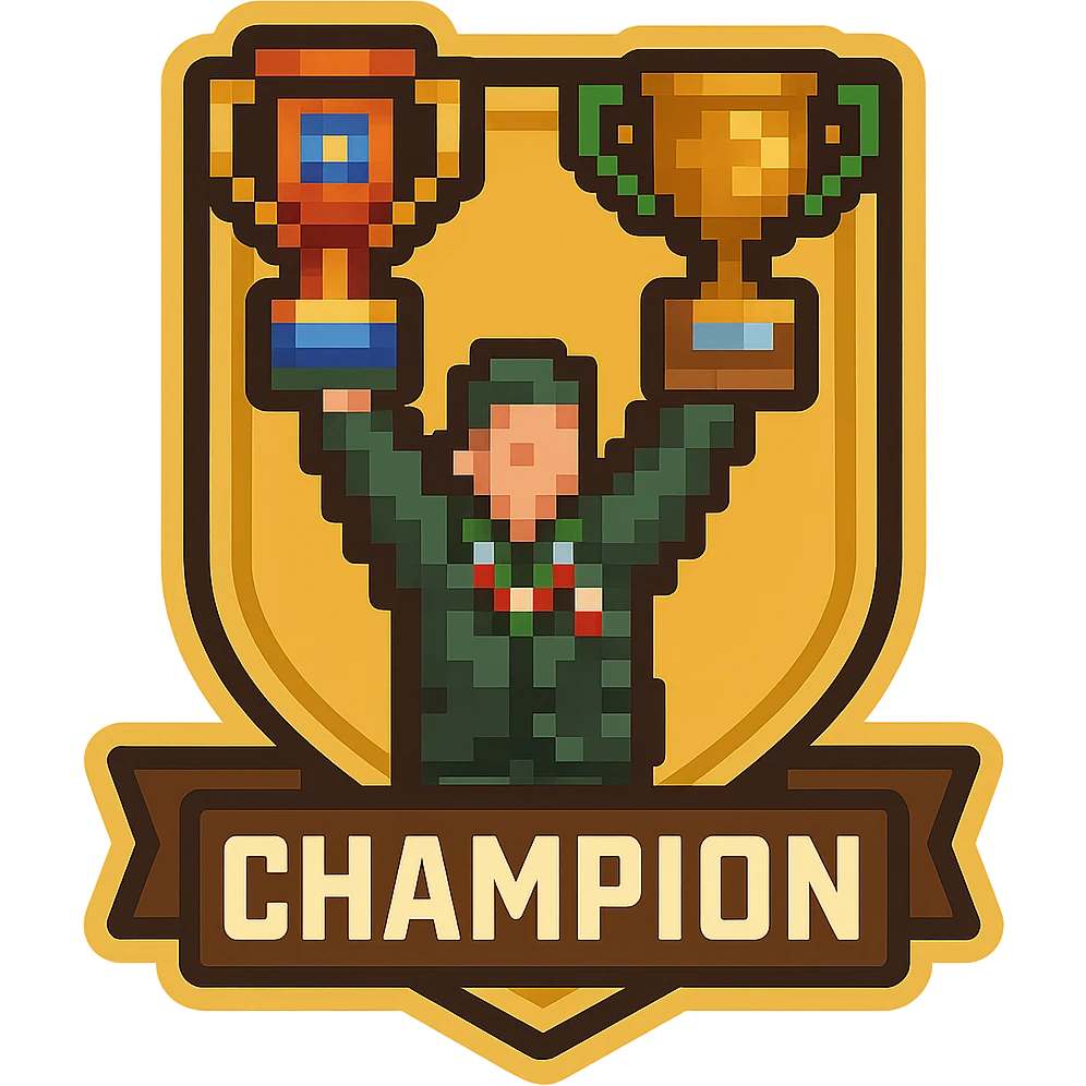 Transform this MVP pixel art with a trophy theme into a badge style while keeping the pixel art style and transparent background. Emphasize the badge look with clear edges and a defined shape suitable for a badge, incorporating trophy elements. emoji
