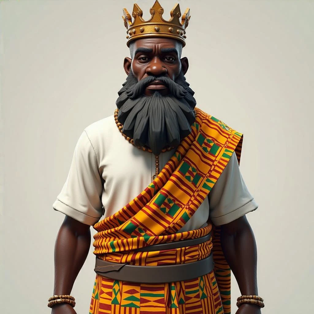 Create me a Stylized 3D Character Art of an old African king with a large beard wearing kente cloth and white shirt for a Strategy Game. Make it have a balance of realism and caricature.  emoji