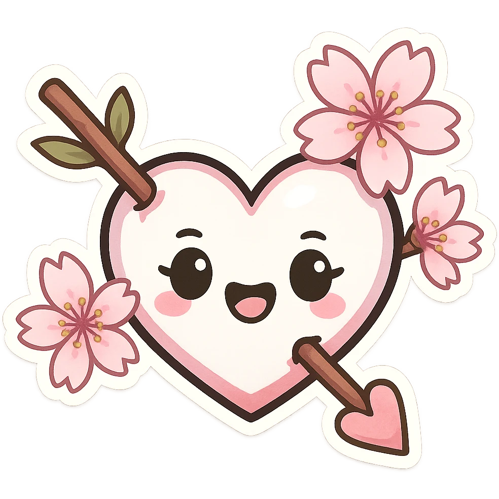 goth sakura heart, heart pierced by sakura branch, white and pink, expressive and fun emoji