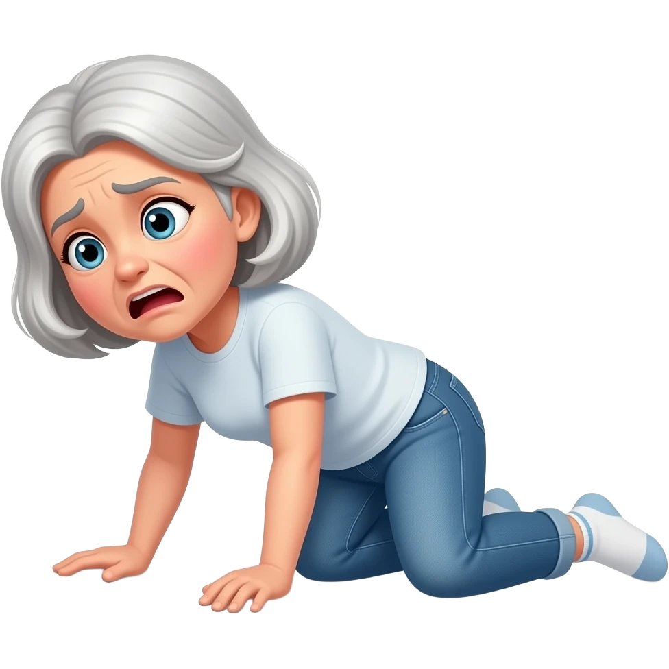 The whole body of an elderly woman wearing jeans and a t-shirt and socks with the look of painful surprise who fell to the floor on her left side emoji