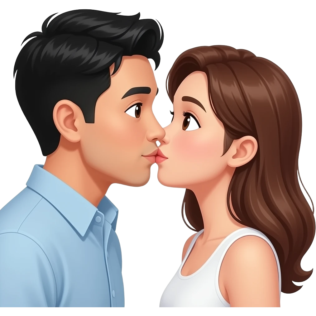 asian men and white woman with brown hair brown eye kisses emoji