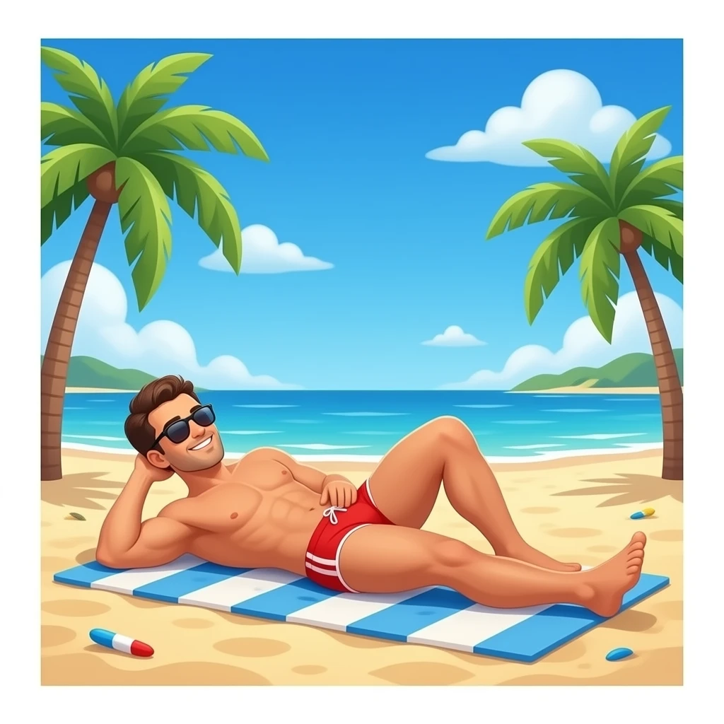 Erstelle ein Bild von einem Strand, mit im Bild ist ein Mann zusehen der sich im liegen sonnt, er trägt rote enge speedo und Oberkörper frei und trägt eine Sonnenbrille emoji
