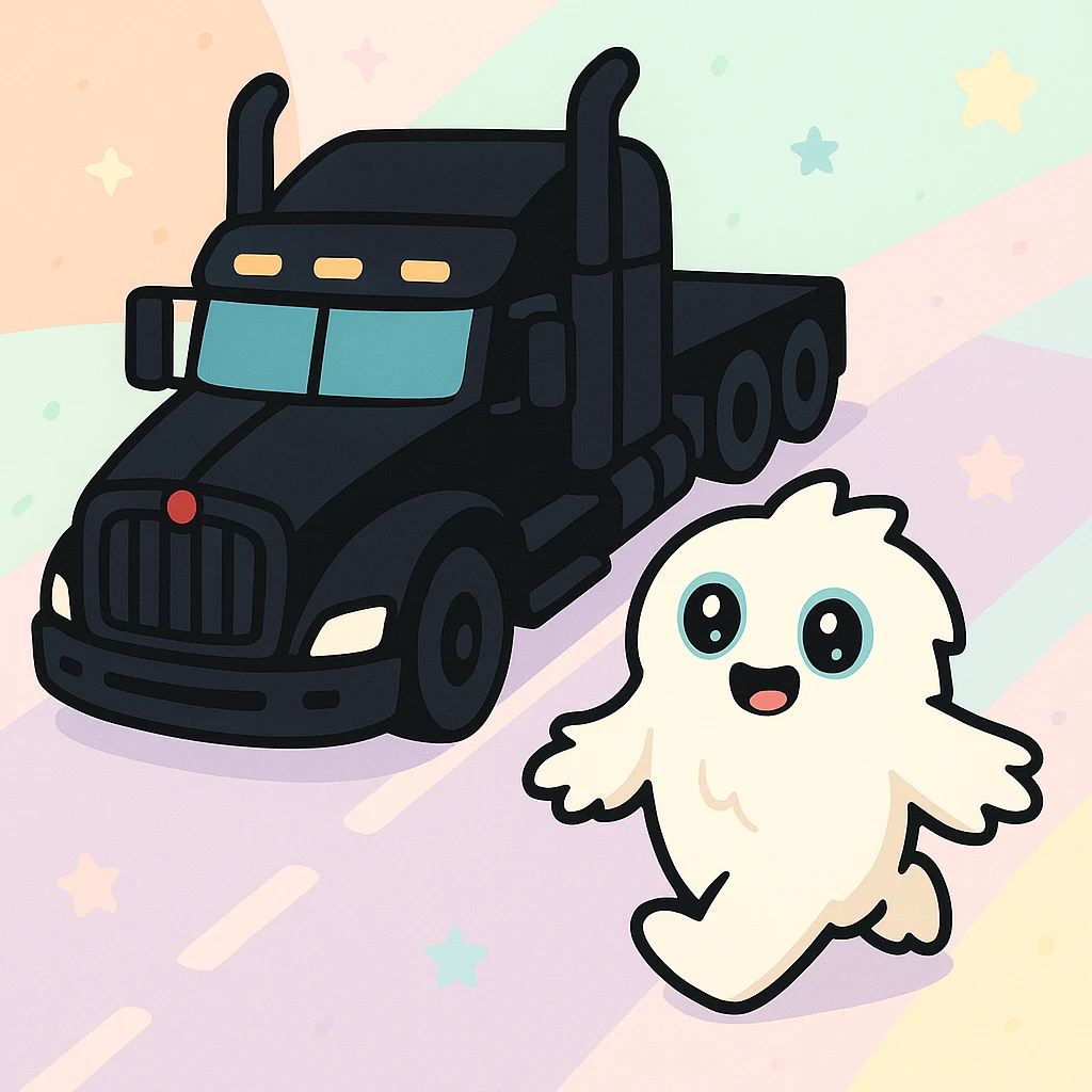 Put the small furry abominable snowman on a road in front of the black Kenworth W680 flat top semi truck, top-down colorful and playful style, no text, with a visible road background. emoji