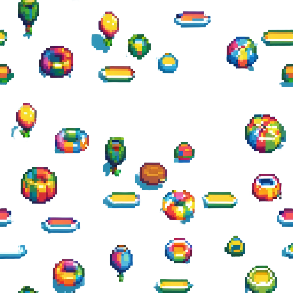 Add colorful floating pool toys to the pool, maintaining the pixel art style and playful party vibe. emoji
