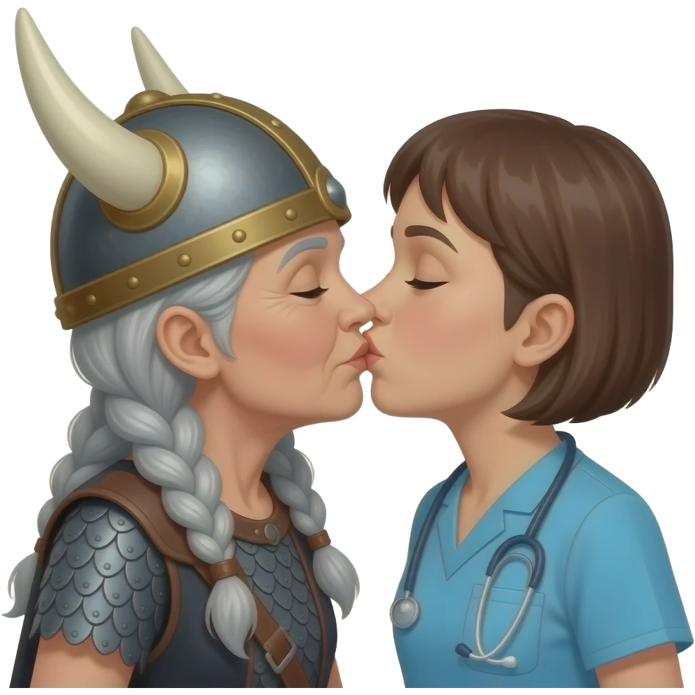 Viking helmet older woman with gray braids kissing older cropped hair brunette nurse on lips emoji