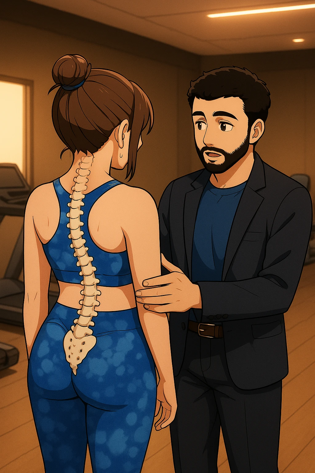 ispirati a questo stile di disegno e fai questa immagine in versione manga/webtoon a colori, il manga mostra la donna di spalle, mentre l'uomo le tocca la spina dorsale per spiegarle come funziona la scoliosi:
Con una scoliosi il baricentro corporeo cade maggiormente da un lato; per non cadere la schiena compensa accumulando tensione sul fianco opposto.
Il risultato? Si inclina e ruota sempre più, fino a che non cede (discopatie, artrosi, ecc) emoji